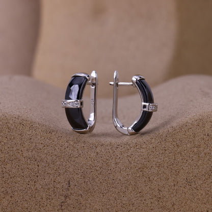 Black Ceramic Sleek J-Hoop With Silver Dimond Line