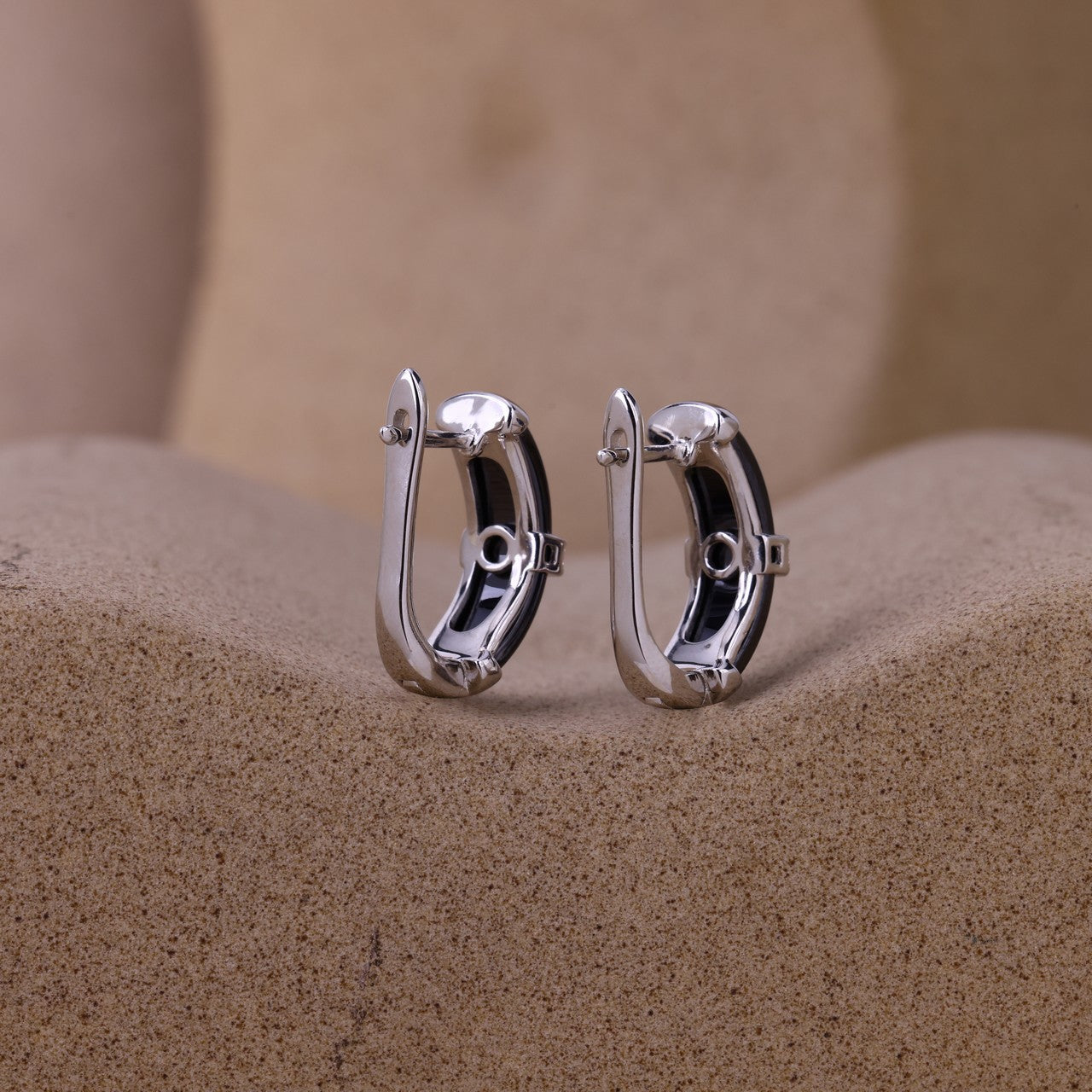 Black Ceramic Sleek J-Hoop With Silver Dimond Line