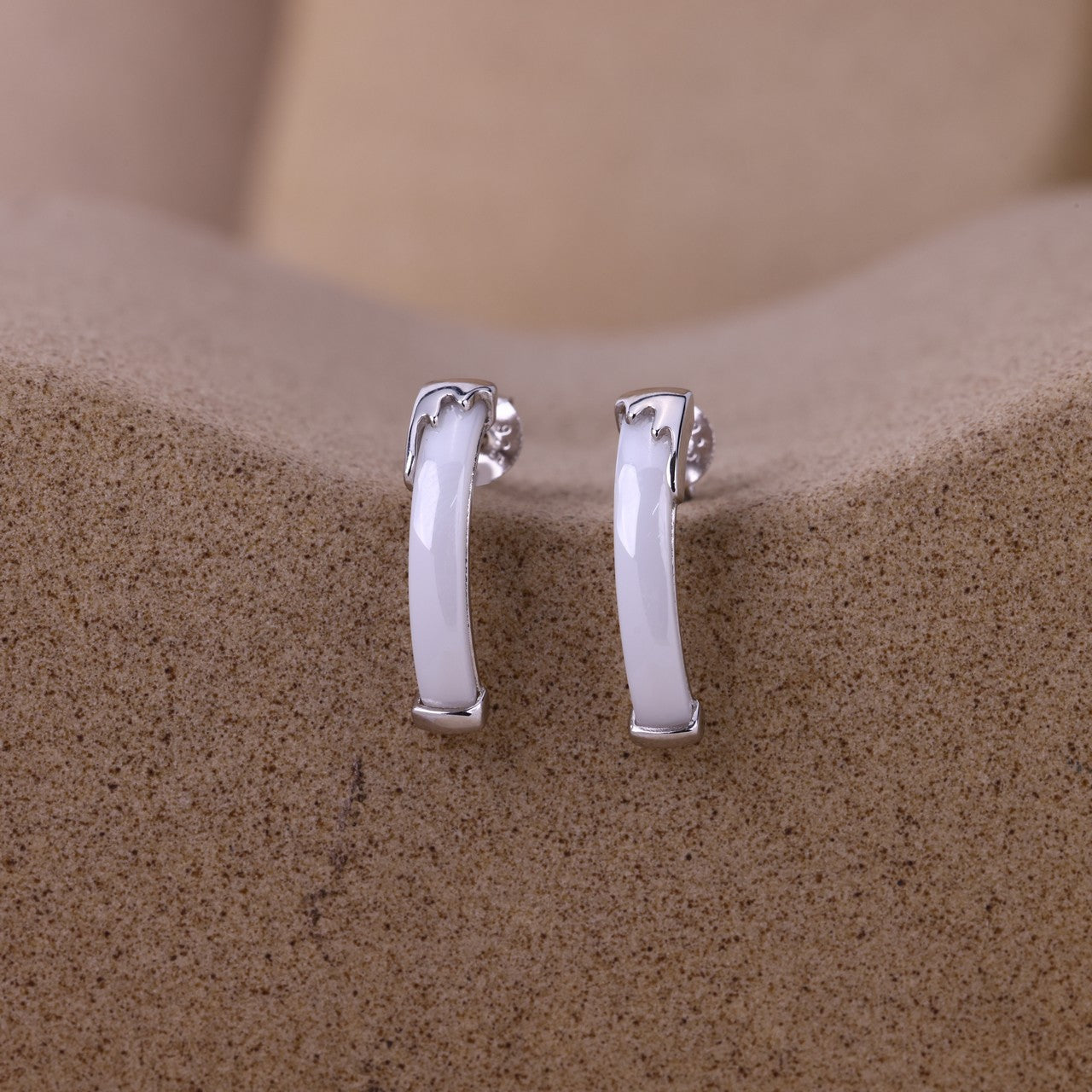 925 Sterling Silver white Ceramic Hoop Earrings