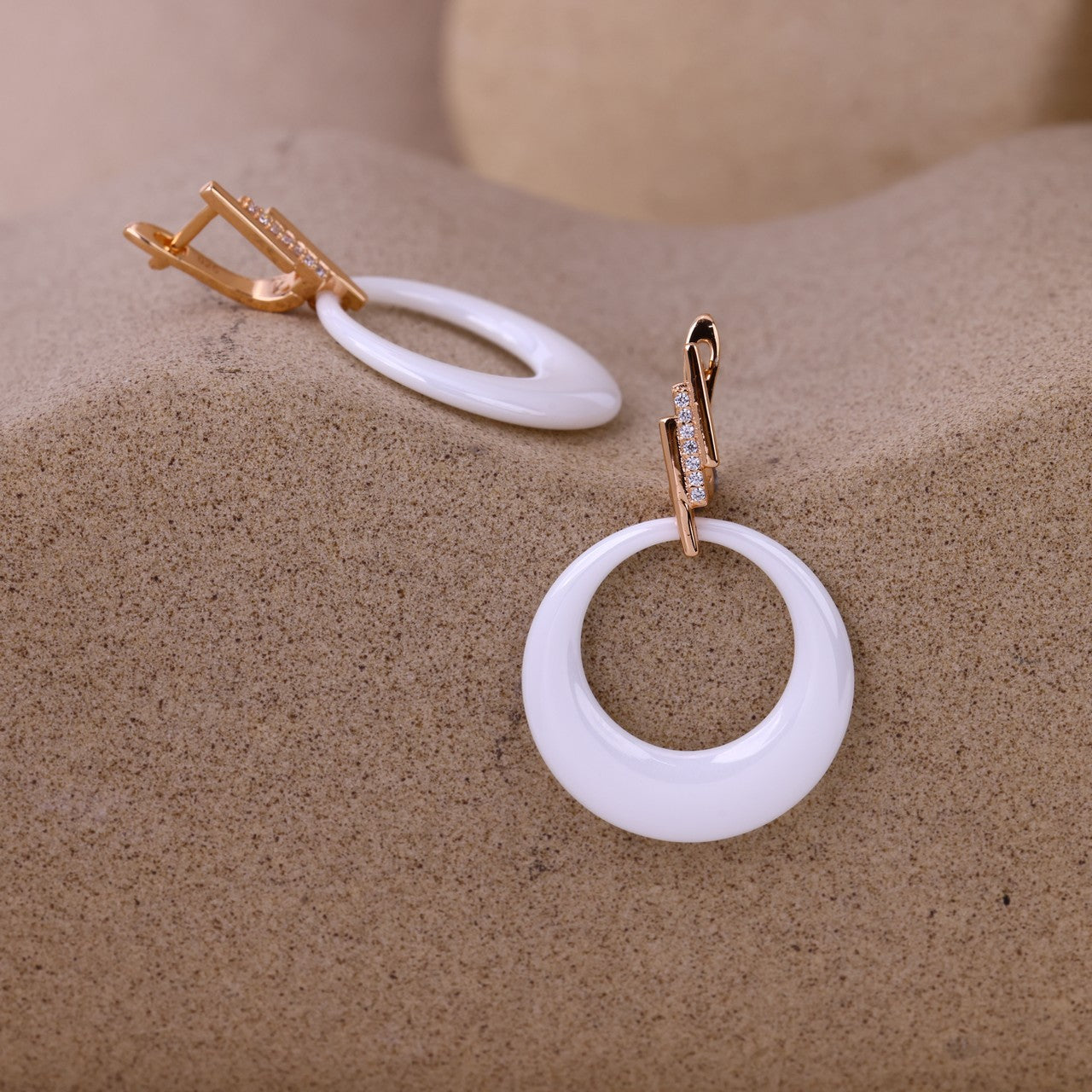 Triple Bar Sparkle Ceramic Earrings- Rose-Silver Finish