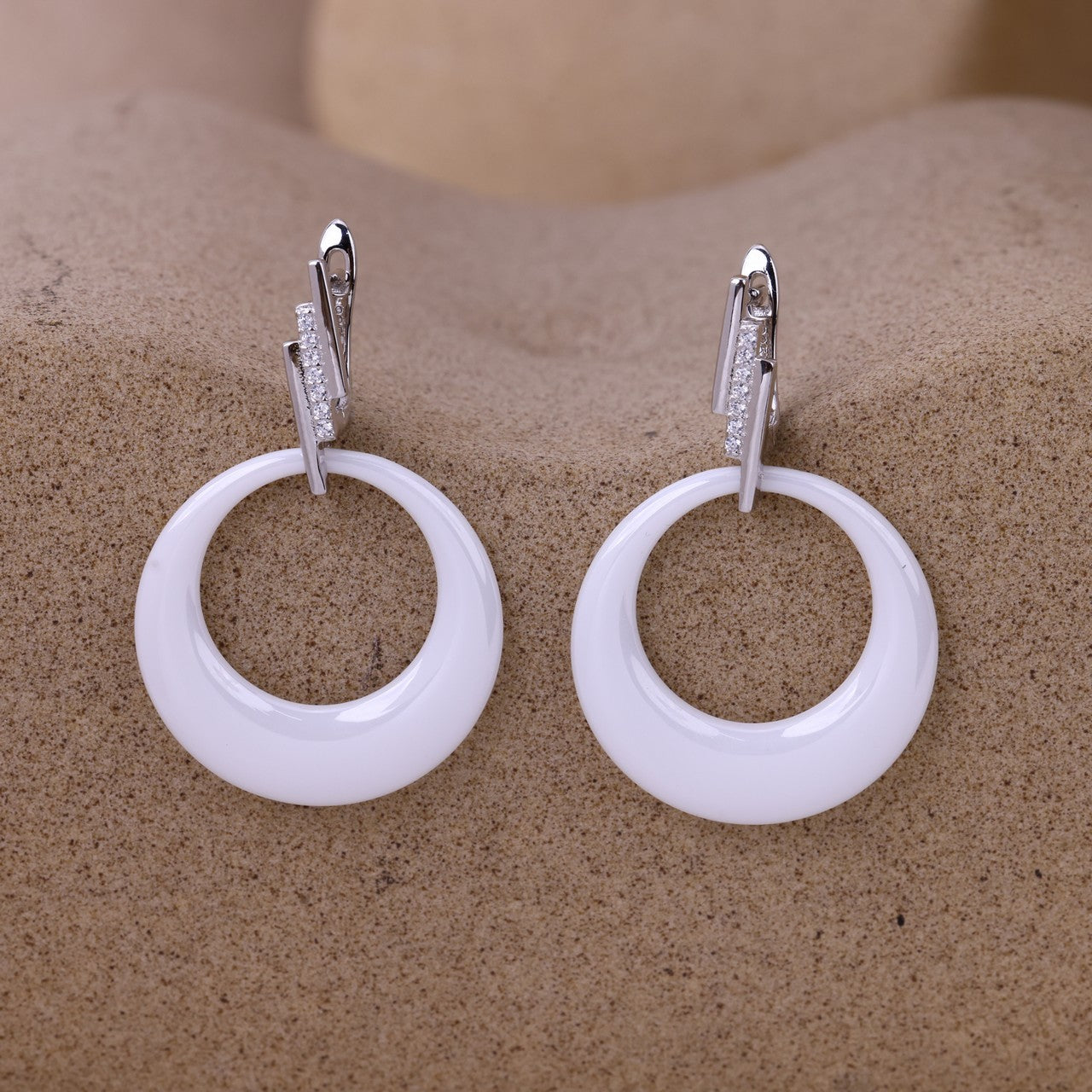Triple-Bar Sparkle Ceramic Earrings- Silver Finish