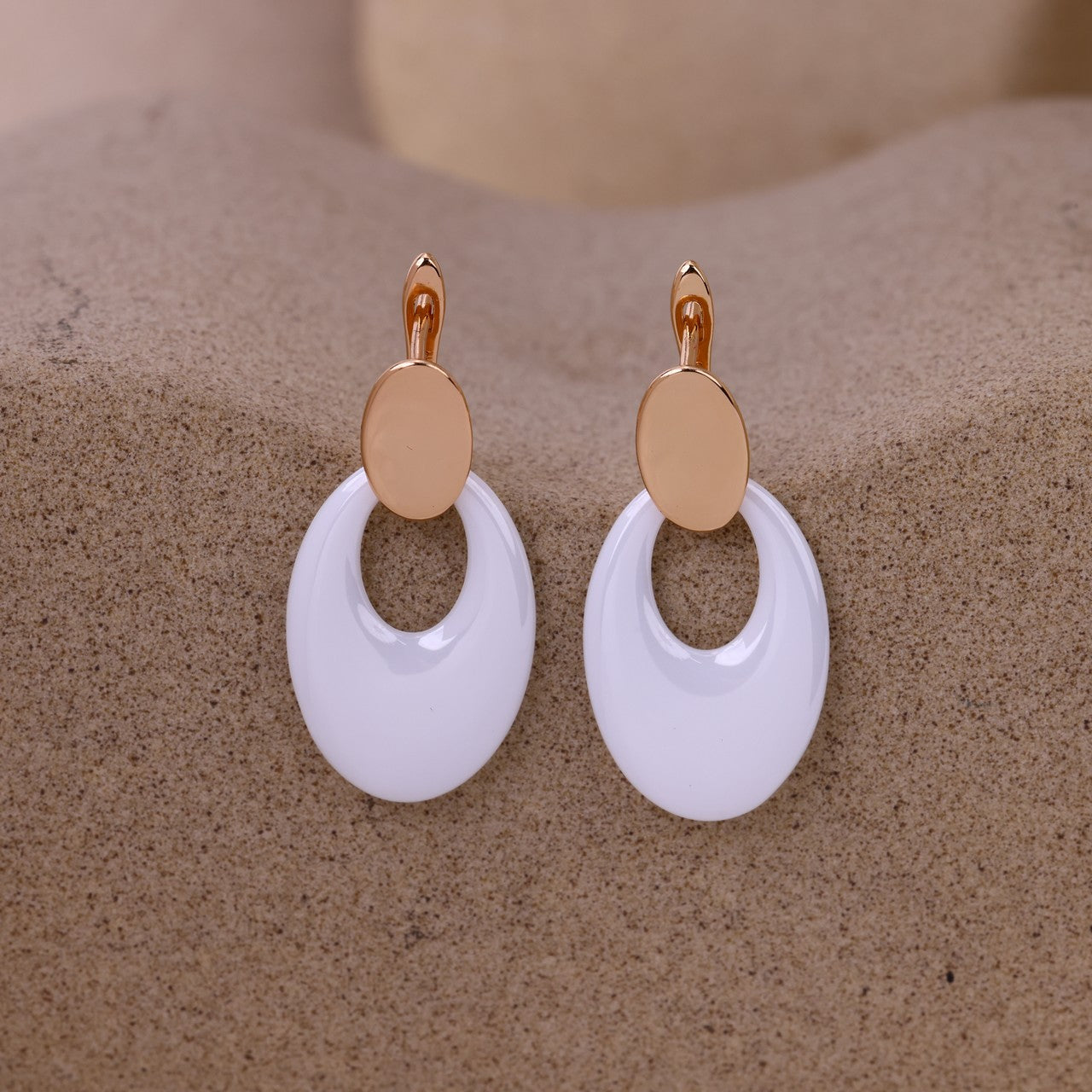 Blush Rose Silver White Ceramic Oval Drop Earrings- Modern minimal Luxury