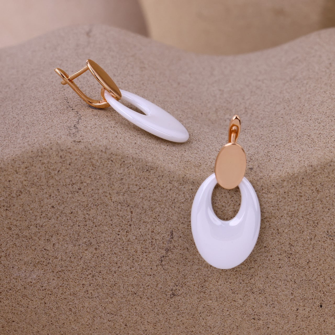 Blush Rose Silver White Ceramic Oval Drop Earrings- Modern minimal Luxury