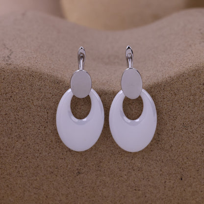 Elegant White Oval Ceramic Drop Earrings- 925 Sterling Silver