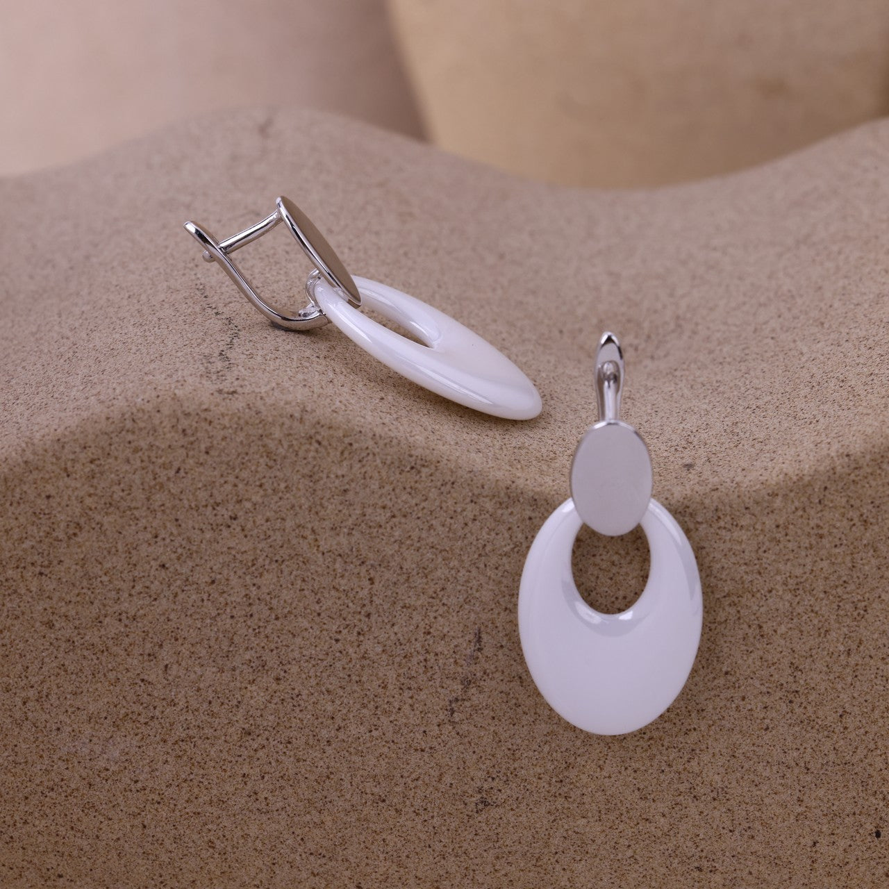 Elegant White Oval Ceramic Drop Earrings- 925 Sterling Silver