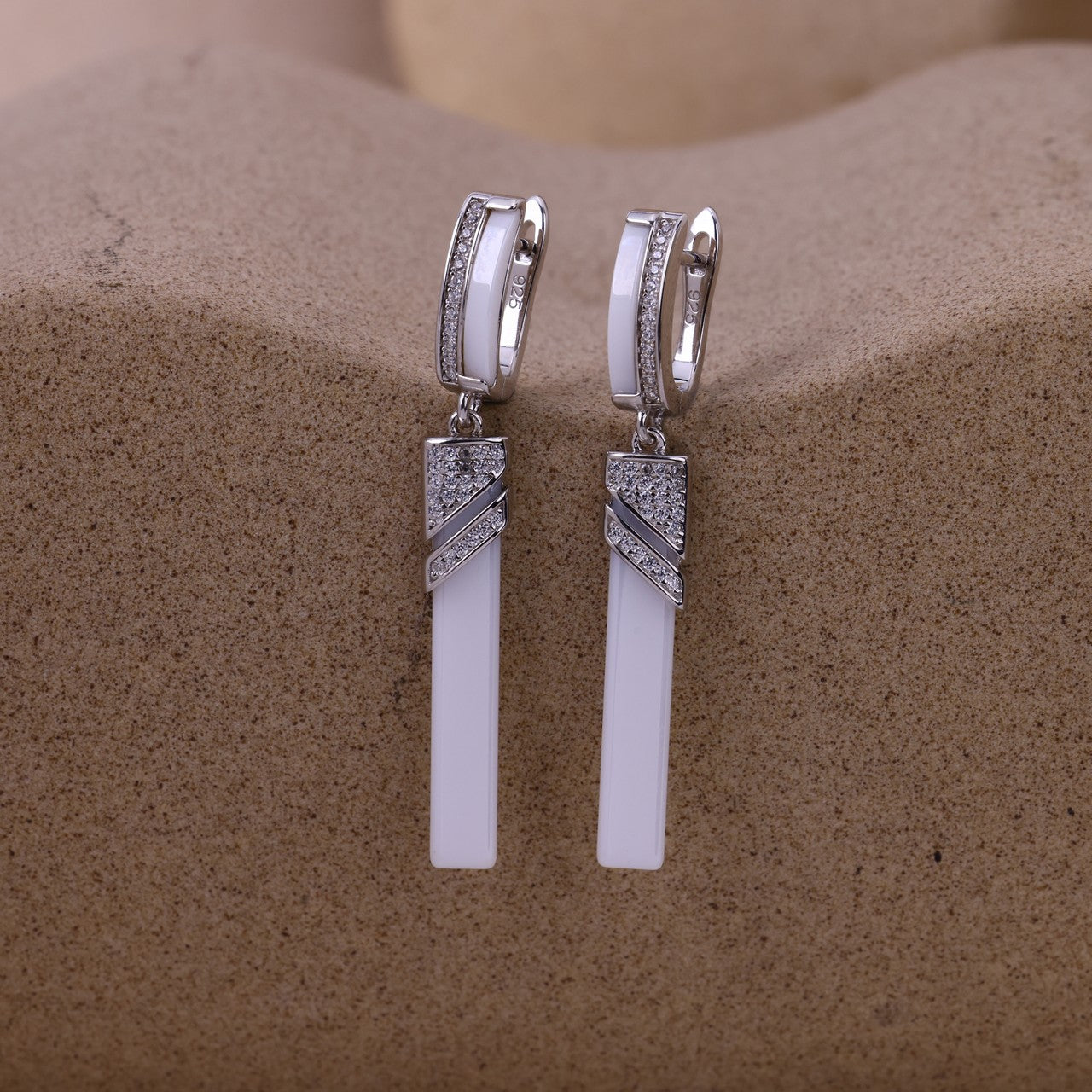 Elegant white Ceramic Long Drop Earrings In Silver With Crystal Accents