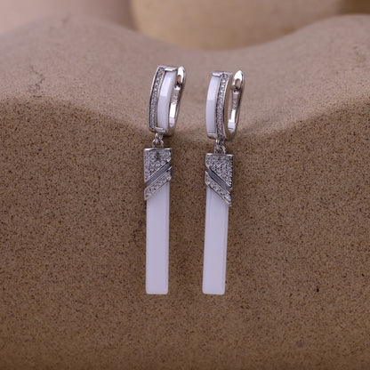 Elegant white Ceramic Long Drop Earrings In Silver With Crystal Accents