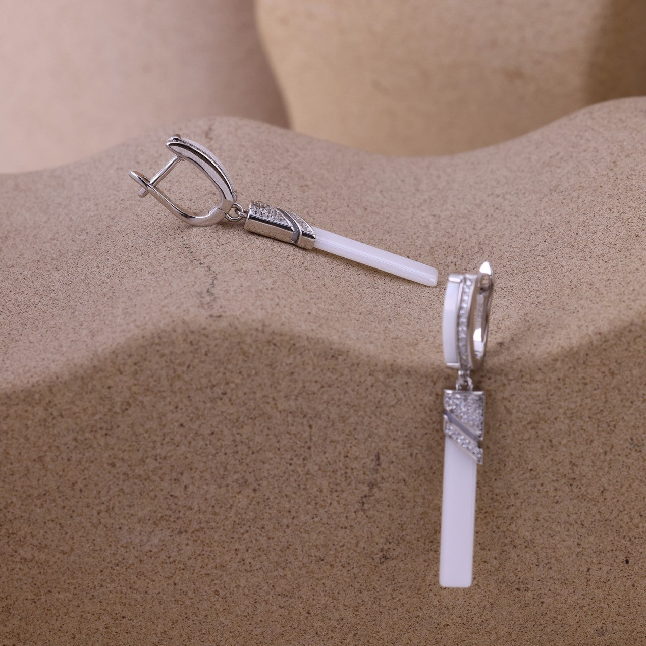 Elegant white Ceramic Long Drop Earrings In Silver With Crystal Accents