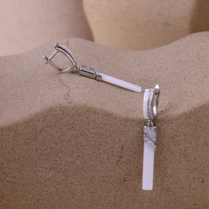 Elegant white Ceramic Long Drop Earrings In Silver With Crystal Accents