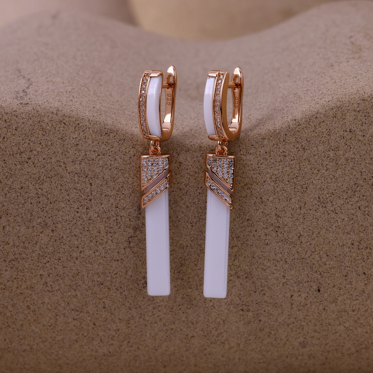 Elegant White Ceramic Long Drop Earrings In Rose Silver With Crystal Accents