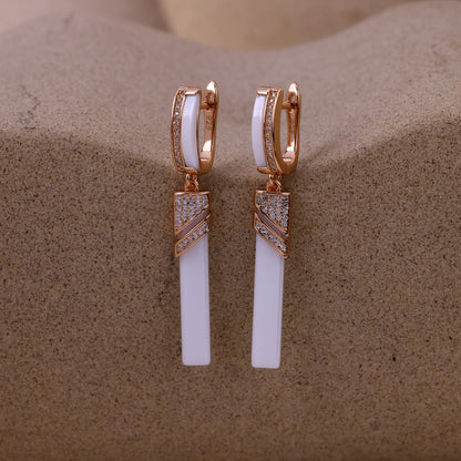 Elegant White Ceramic Long Drop Earrings In Rose Silver With Crystal Accents