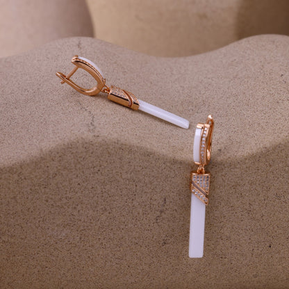 Elegant White Ceramic Long Drop Earrings In Rose Silver With Crystal Accents