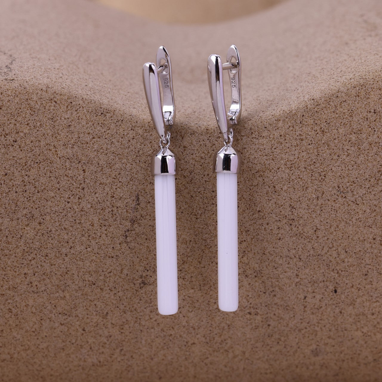 Elegant White Ceramic Drop Earrings- Sterling Silver Minimal Chic