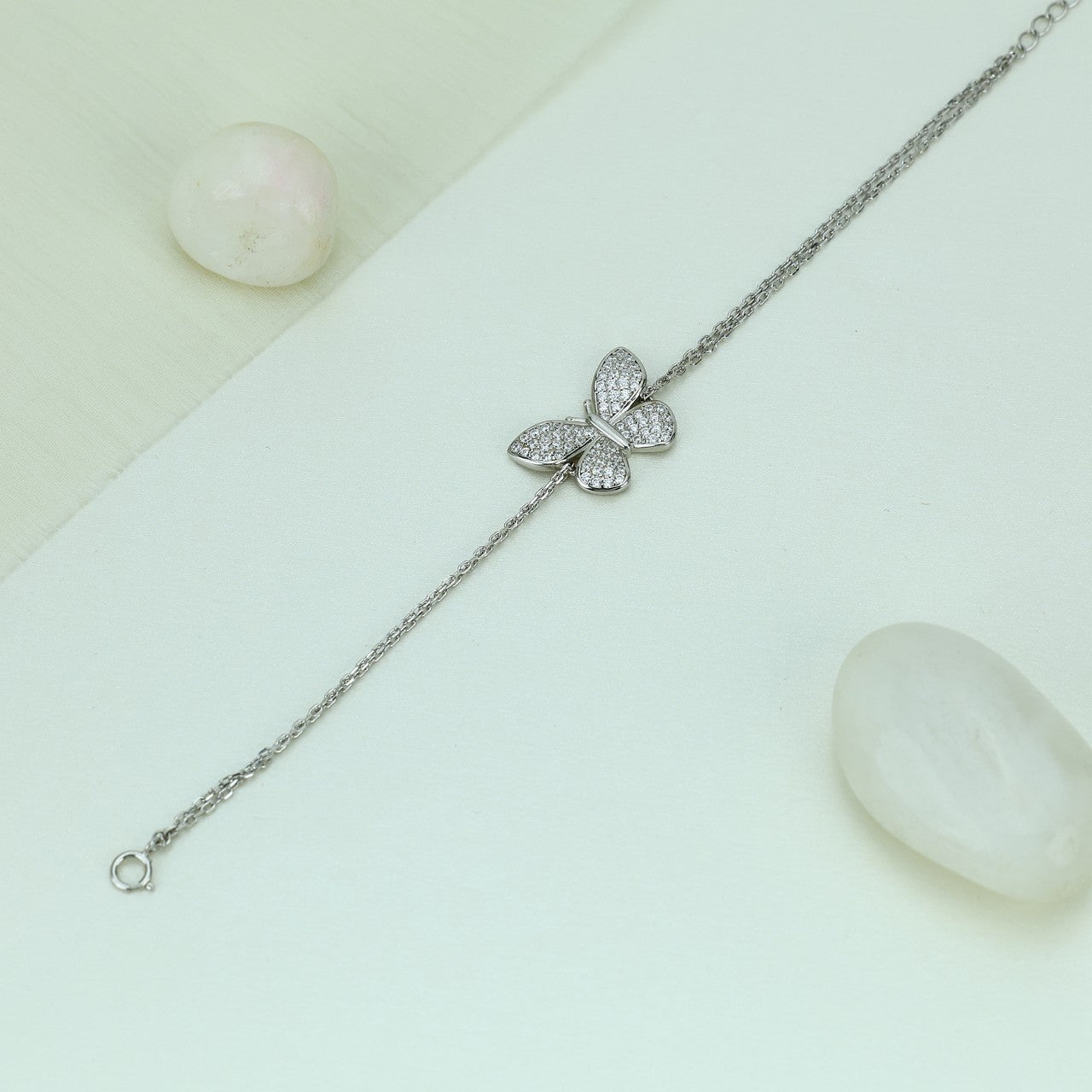 92.5 Sterling Silver Butterfly Bracelet with Sparkling CZ Stones