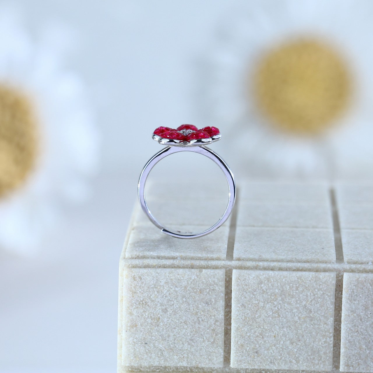Ruby Pink Floral Sterling Silver Ring