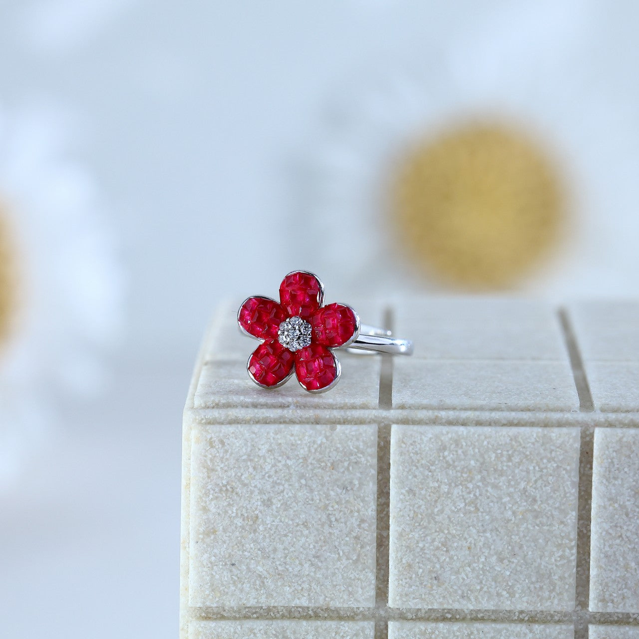 Ruby Pink Floral Sterling Silver Ring