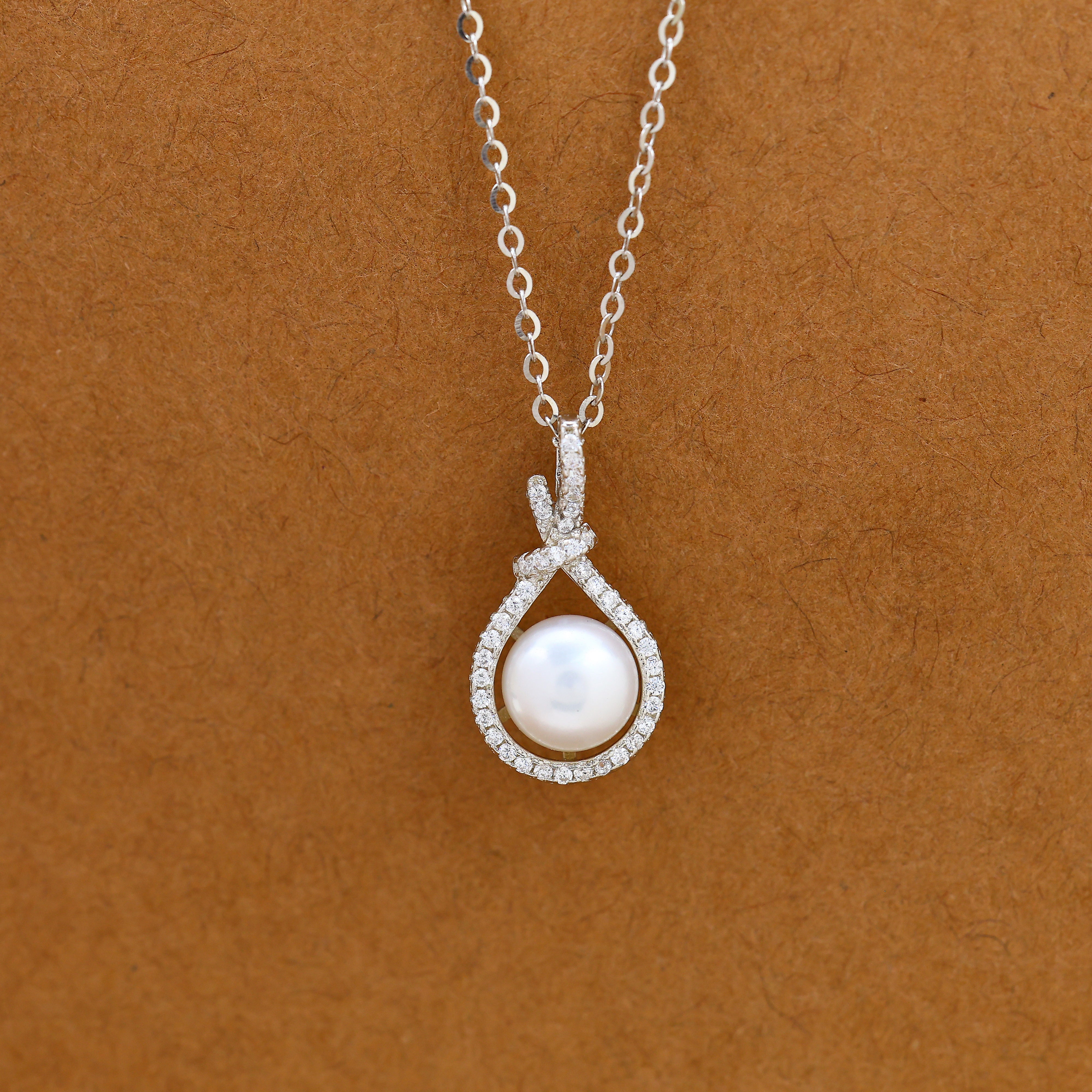 Graceful Knot Pearl Halo Necklace- 92.5 Silver