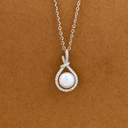 Graceful Knot Pearl Halo Necklace- 92.5 Silver