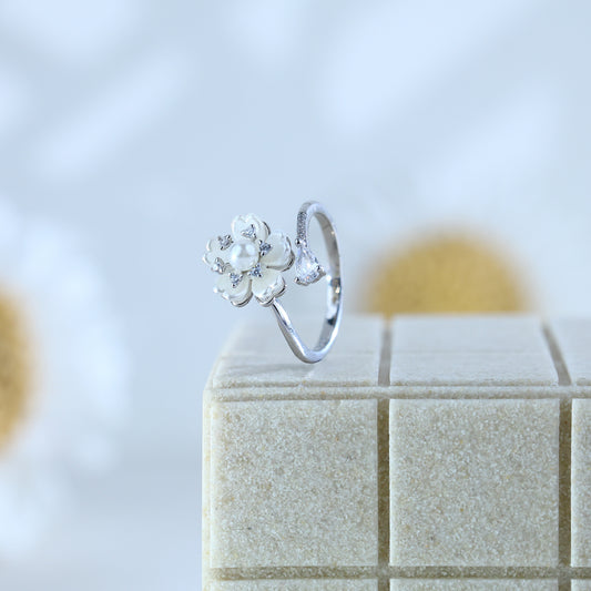 Sterling Silver Open Flower Ring With Pearl Center