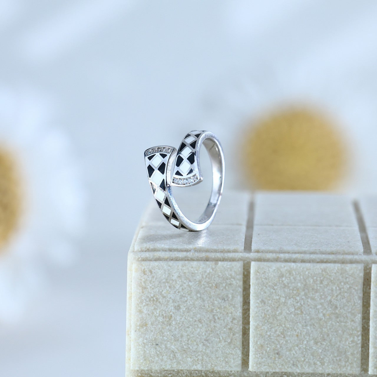 92.5 Sterling Silver Geometric Open Band Ring with Black & White Enamel Detailing