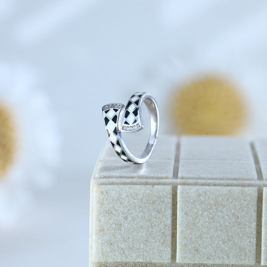 92.5 Sterling Silver Geometric Open Band Ring with Black & White Enamel Detailing