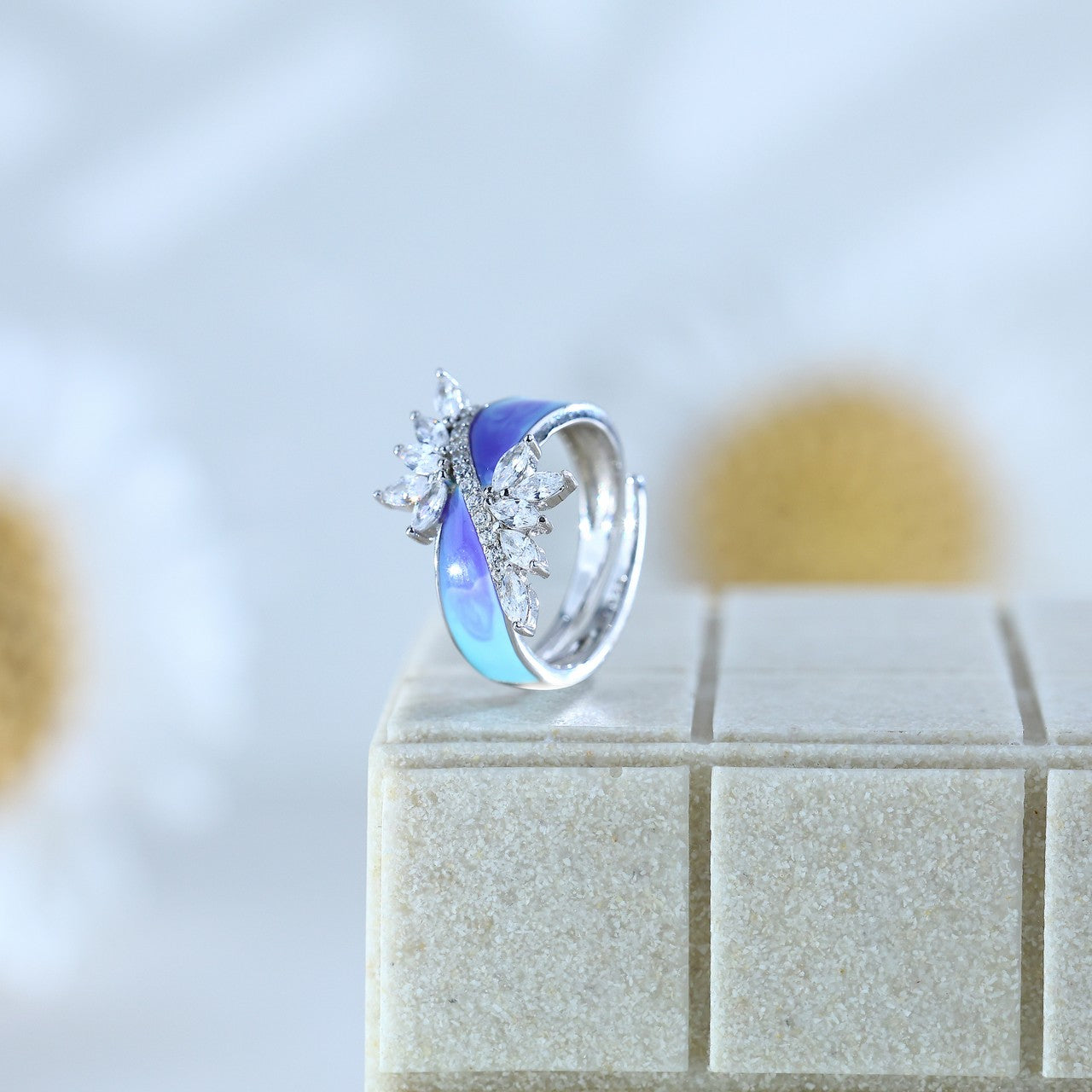92.5 Sterling Silver Premium Ring with Blue Opal Finish & Leaf-Style CZ Detailing