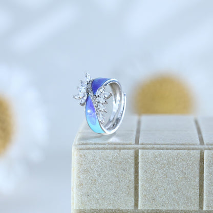 92.5 Sterling Silver Premium Ring with Blue Opal Finish & Leaf-Style CZ Detailing