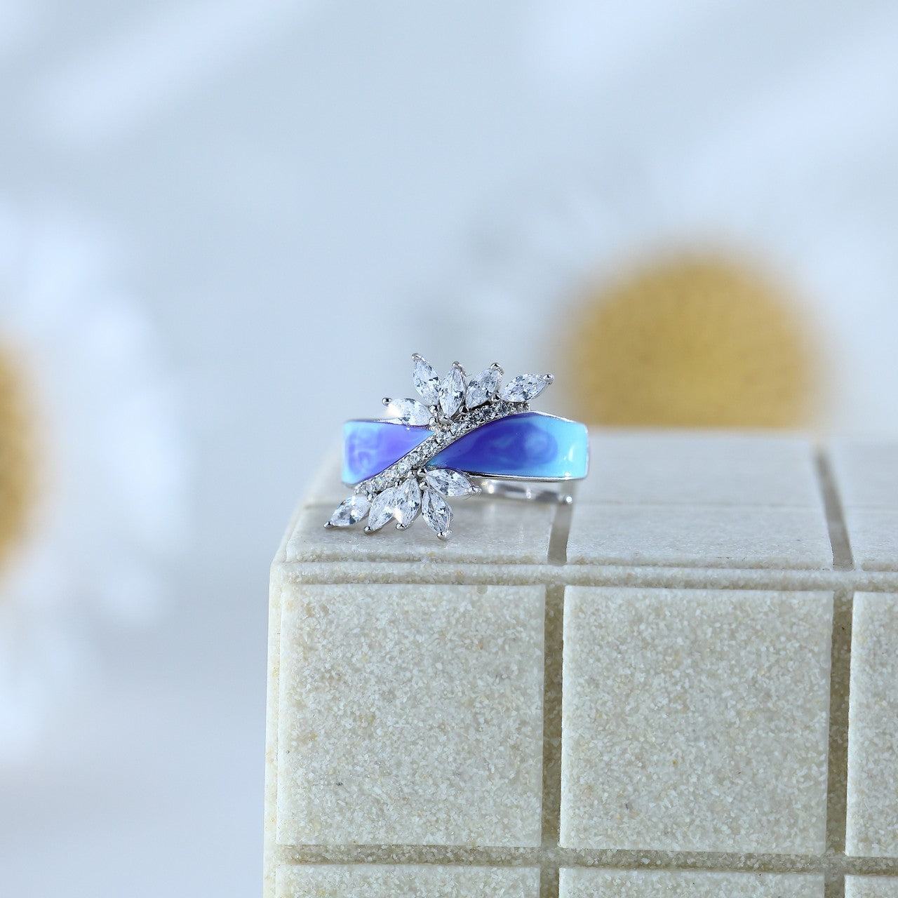92.5 Sterling Silver Premium Ring with Blue Opal Finish & Leaf-Style CZ Detailing