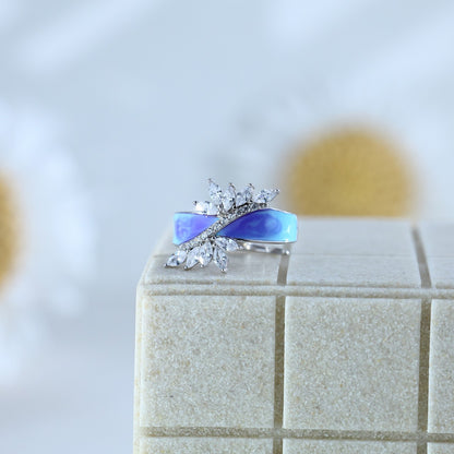 92.5 Sterling Silver Premium Ring with Blue Opal Finish & Leaf-Style CZ Detailing