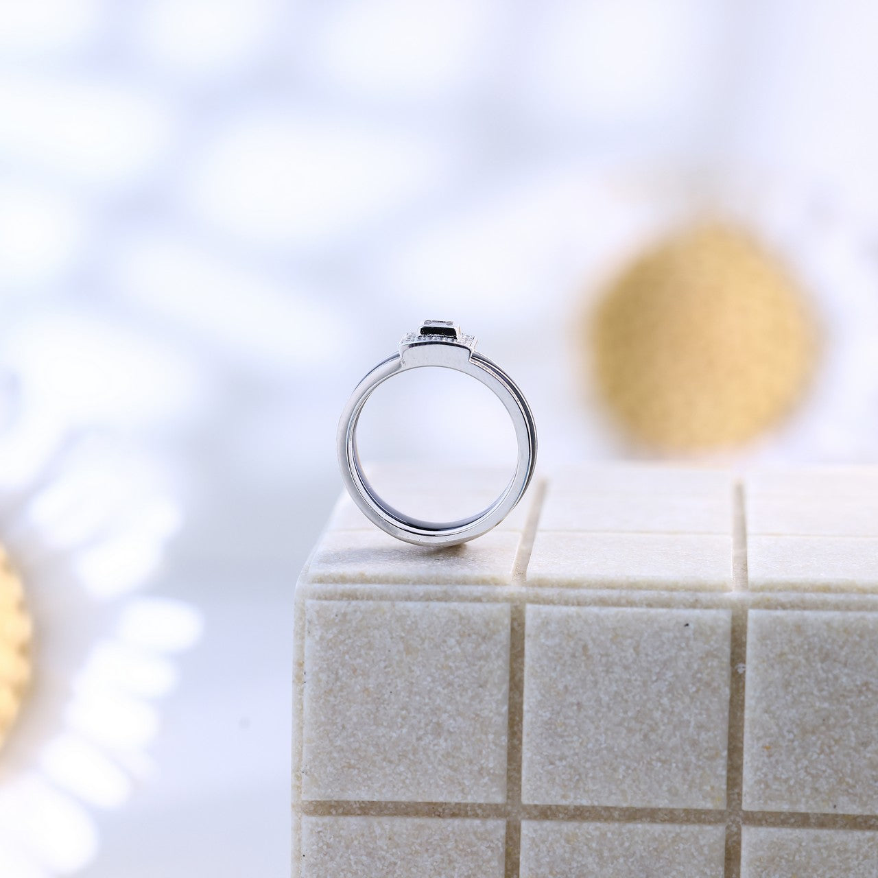 Trendy Silver Square Ceramic Ring