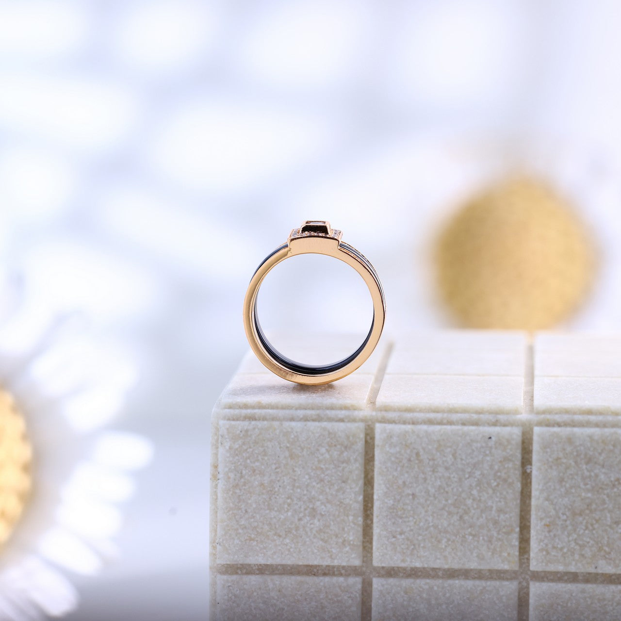Elegant Rose Silver Square Ceramic Ring