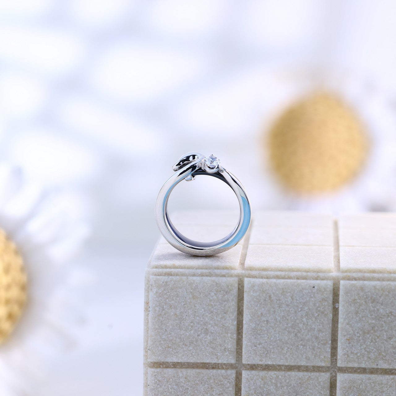 Silver Duck & Solitaire Ceramic Ring -- Cute & Elegant