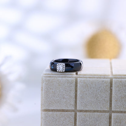 Sleek Silver Solitaire Ceramic Ring -- Modern Minimalist