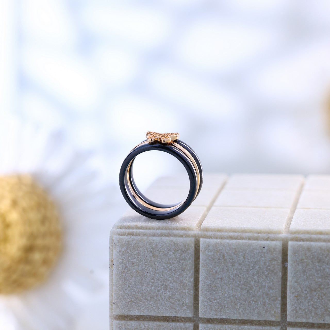 Rose Gold Silver Butterfly Ceramic Ring