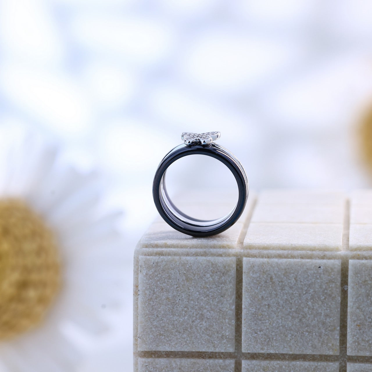 Charming Butterfly Silver Ceramic Ring