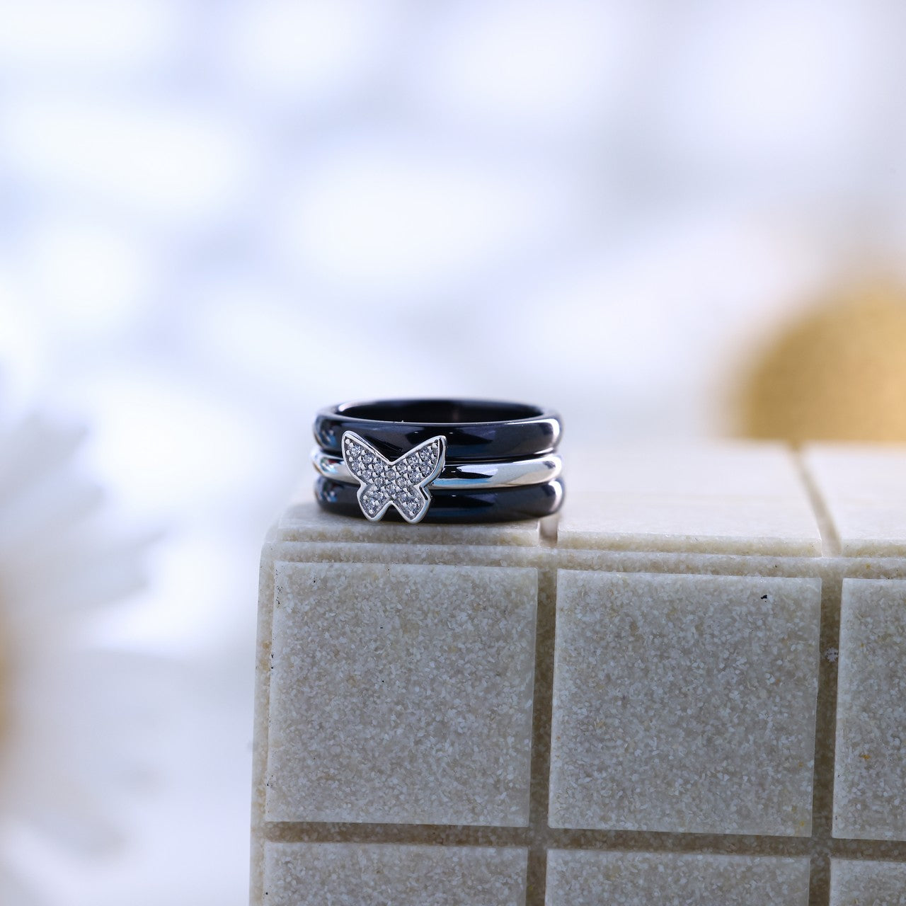 Charming Butterfly Silver Ceramic Ring