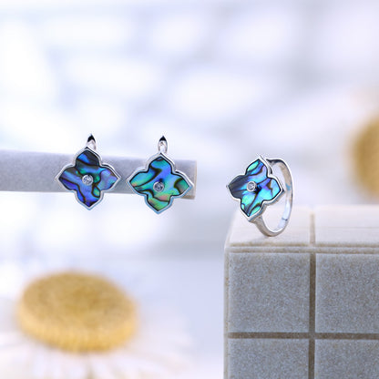 Silver Abalone Clover Ring & Earring Set