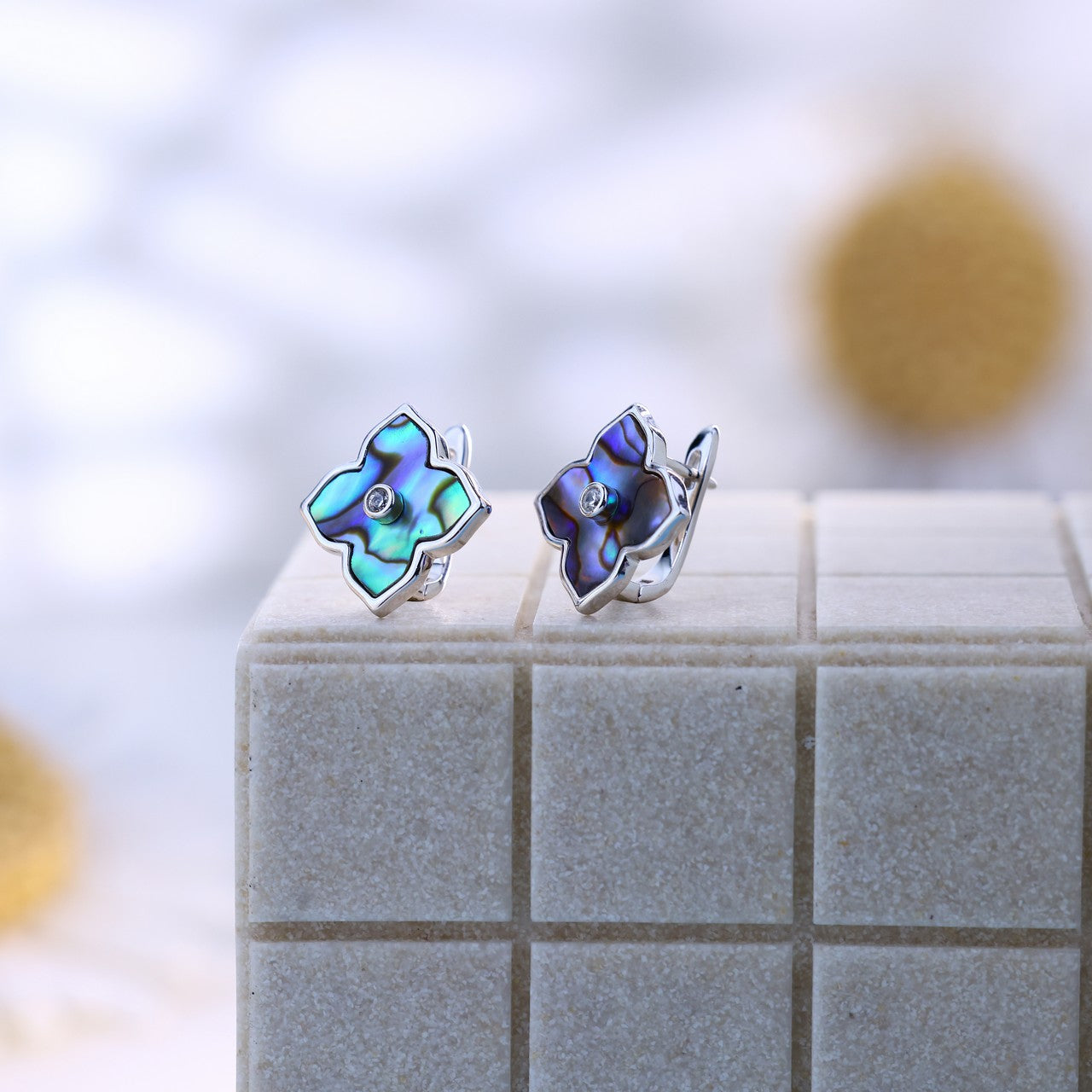Silver Abalone Clover Ring & Earring Set