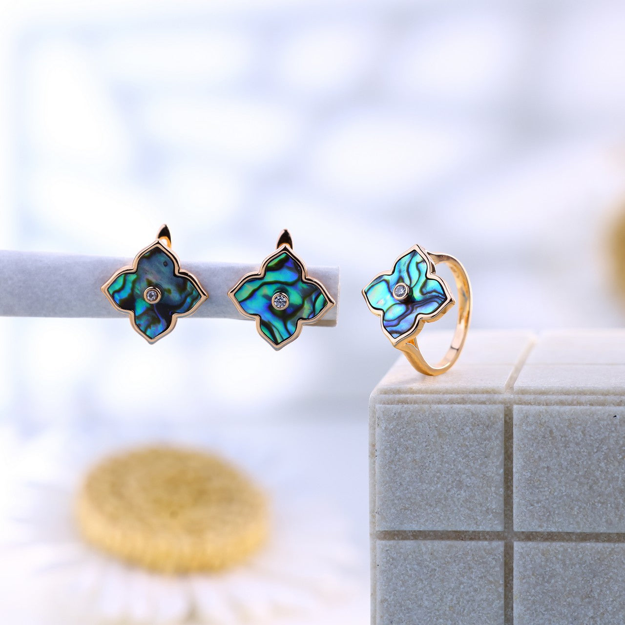 Silver Rose Abalone Clover Ring & Earring Set