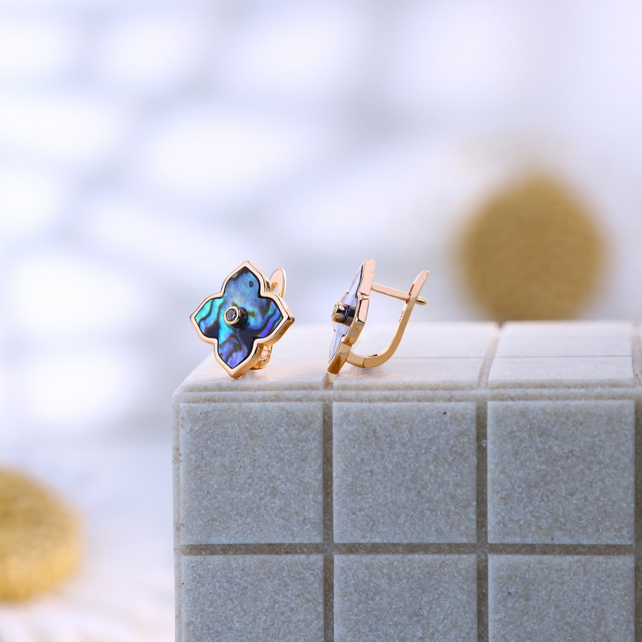 Silver Rose Abalone Clover Ring & Earring Set