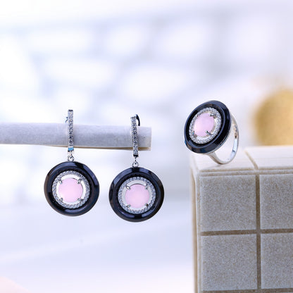Ceramic Charm With Pink Glow Silver Set