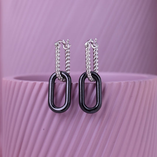 Dual Chain Charm Silver Earrings