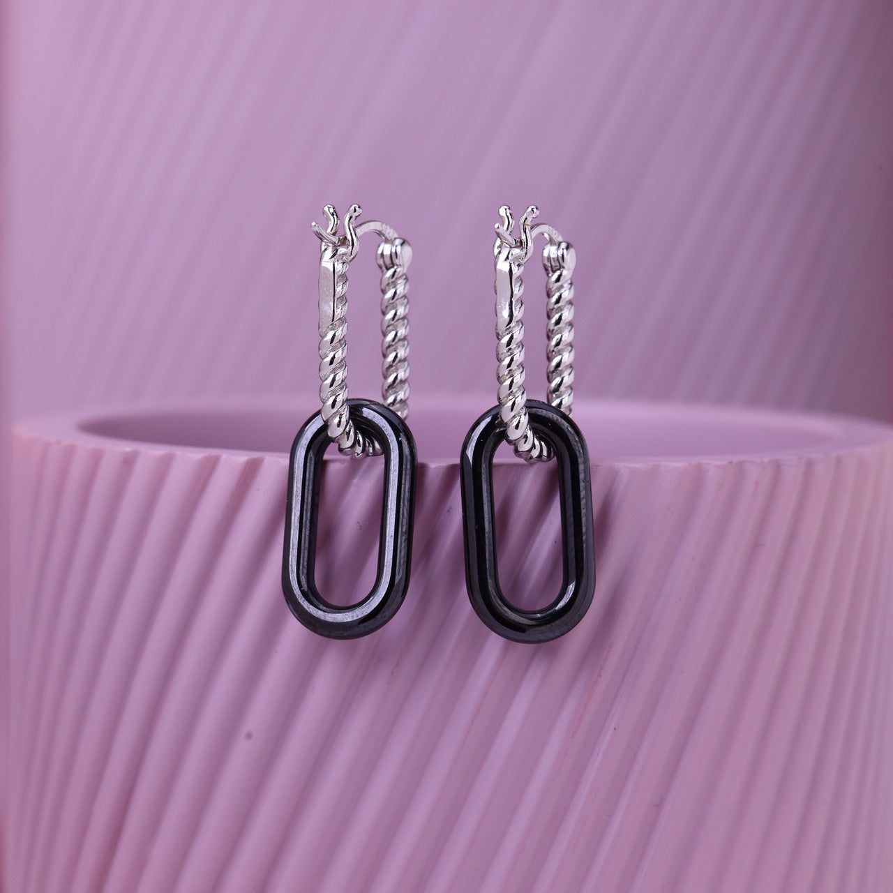 Dual Chain Charm Silver Earrings