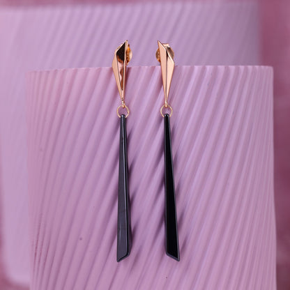 Origami Noir- Sleek Geometric Long Drop Rose Silver Earrings