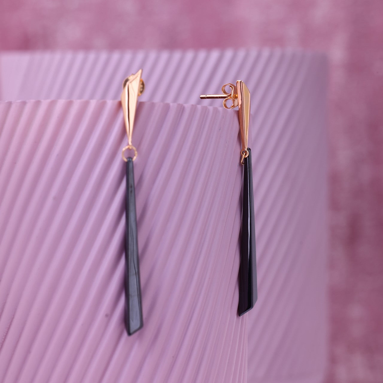 Origami Noir- Sleek Geometric Long Drop Rose Silver Earrings