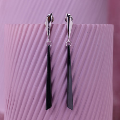 Origami Noir- Sleek Geometric Long Drop Silver Earrings