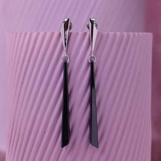 Origami Noir- Sleek Geometric Long Drop Silver Earrings