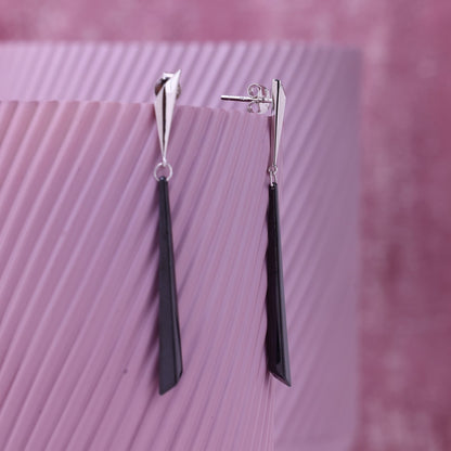 Origami Noir- Sleek Geometric Long Drop Silver Earrings