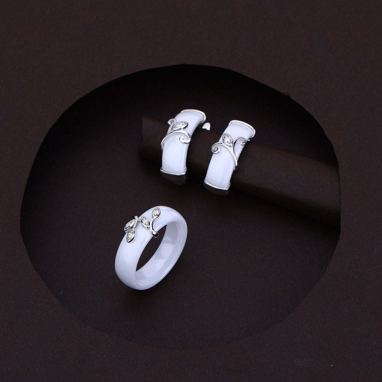 Silver Leaf Design Ring & Earrings Set