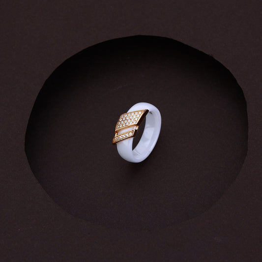 Elegant White Ceramic Ring With Rose Silver Accents